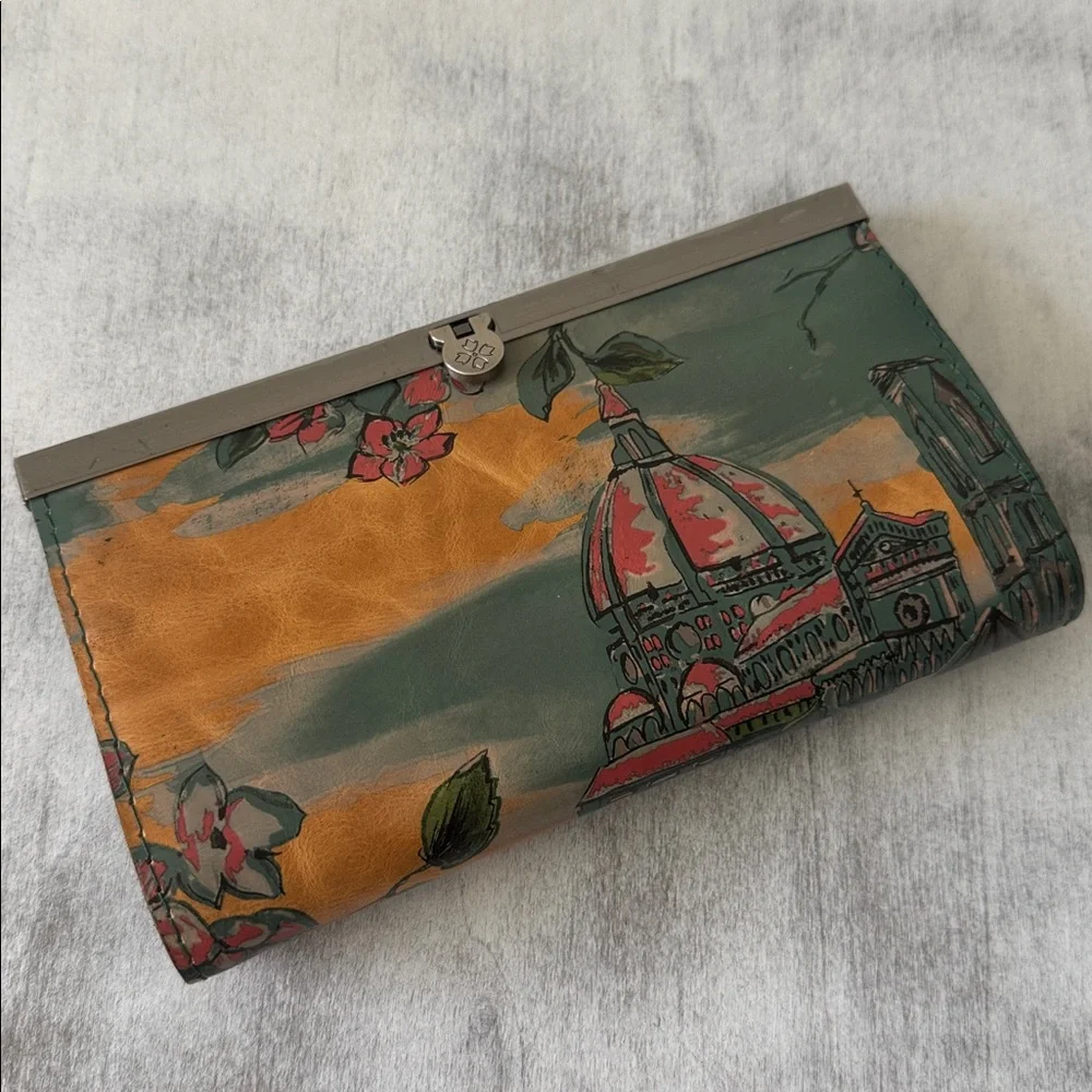 Patricia Nash Cauchy Leather Frame Floral Wallet RFID Beautiful Girl Tan Green